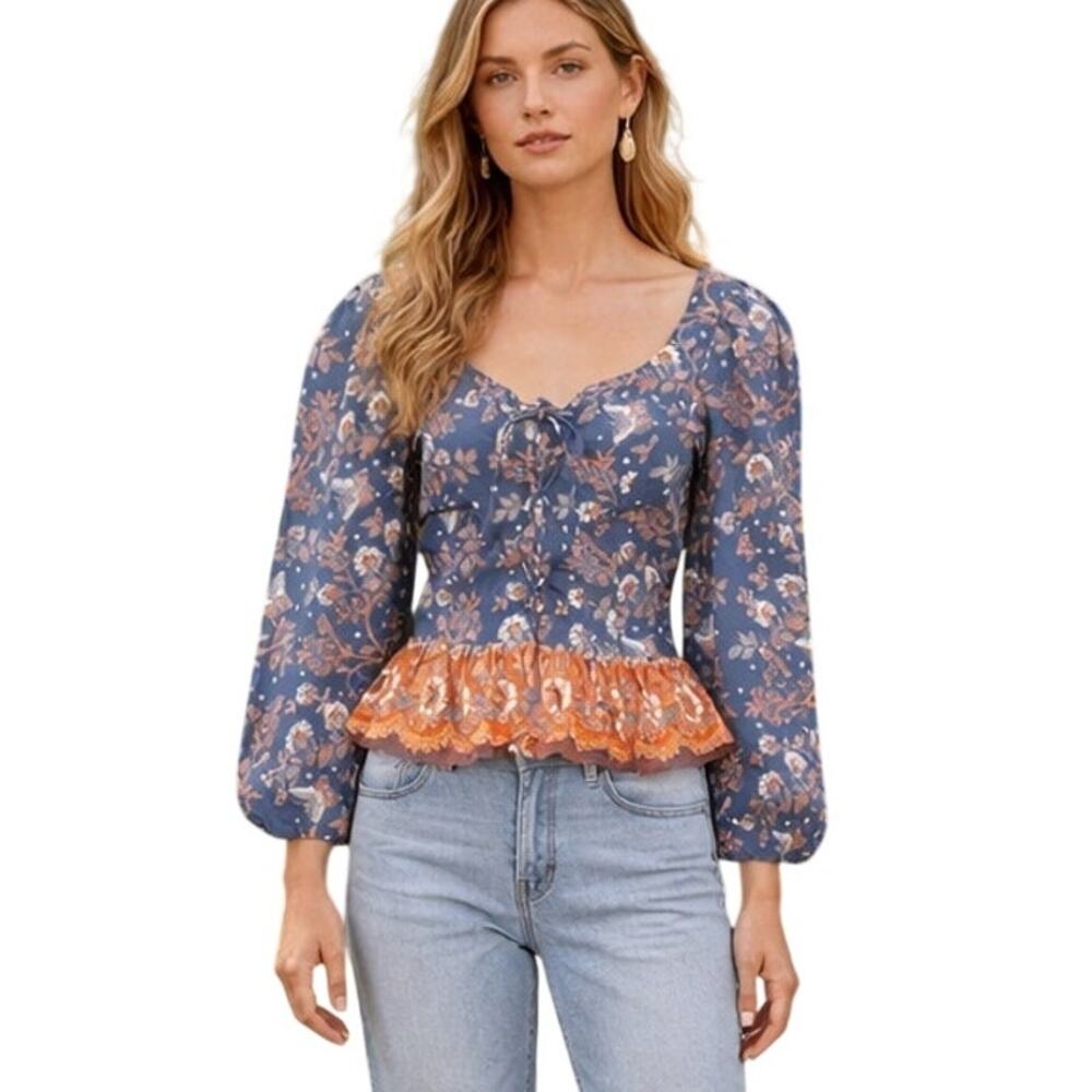 House of Harlow 1960 Small BOHO Lace up Blouse Nastassia Blue